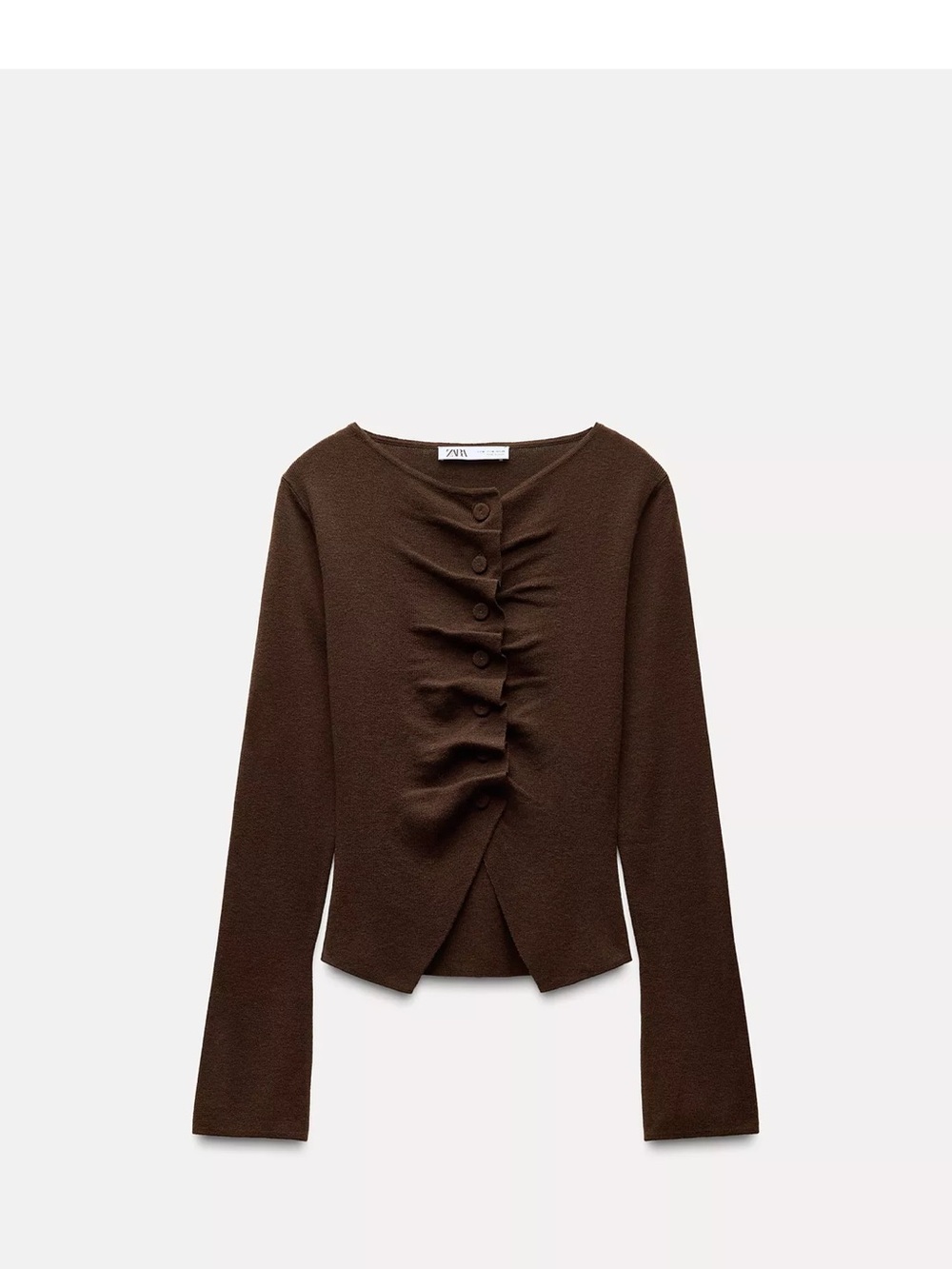 Zara Dark Brown Ruching Button-Front Long Sleeve Top